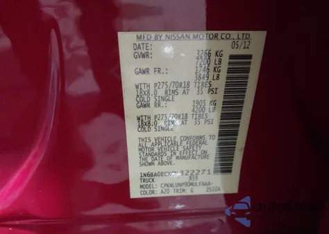 2012 Nissan Titan Pro-4X z USA, uszkodzony, nr VIN 1N6BA0ECXCN322271